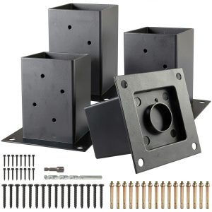 (4 PCS) LADECH 4x4 Post Anchor Base with Bottom Drainage Hole, Black Powder Coated Brackets for Fence Posts, Pergola, Mailbox Post, Come with Wood Screws and Concrete Anchors (4, 4x4)-0