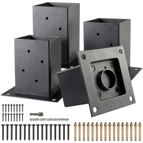 (4 PCS) LADECH 4x4 Post Anchor Base with Bottom Drainage Hole, Black Powder Coated Brackets for Fence Posts, Pergola, Mailbox Post, Come with Wood Screws and Concrete Anchors (4, 4x4)-0