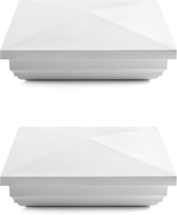 QWORK Vinyl Fence Post Cap, 2 Pack 5" x 5" PVC Square Fence Post Top Cover, New England Pyramid Style, for Mailbox, Lamp Post, Deck, Dock, Piling Caps, White-5
