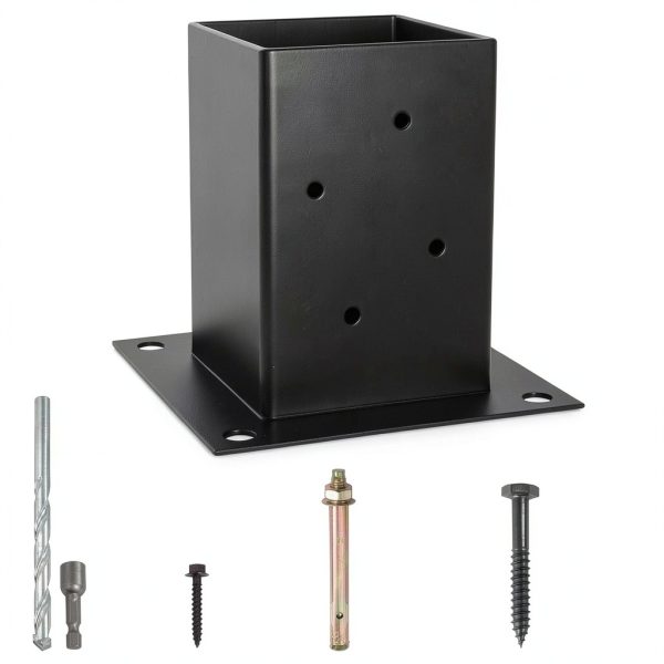 (4 PCS) LADECH 4x4 Post Anchor Base with Bottom Drainage Hole, Black Powder Coated Brackets for Fence Posts, Pergola, Mailbox Post, Come with Wood Screws and Concrete Anchors (4, 4x4)-2