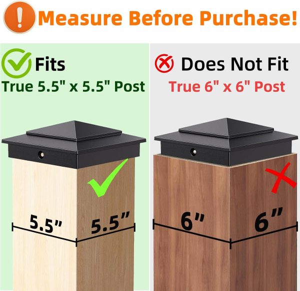 6-Pack Aluminium Pyramid Post Caps for 6" x 6" (Actual 5.5" x 5.5") Wood Post Cedar Fence Deck Corridors Mailbox Posts End, Waterproof Fence Post Cap Cover with Screws, Black-2