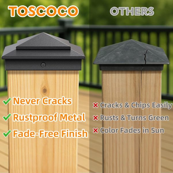 6-Pack Aluminium Pyramid Post Caps for 6" x 6" (Actual 5.5" x 5.5") Wood Post Cedar Fence Deck Corridors Mailbox Posts End, Waterproof Fence Post Cap Cover with Screws, Black-3